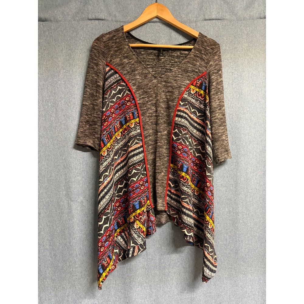 Poeme‎ by Citron Women's Medium M Asymmetrical Tunic Top Grey Aztec Boho Artsy